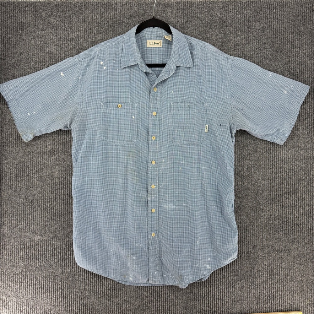 LL Bean Mens Tall Large Blue Micro Check Short Sleeve Cotton Button Down Shirt